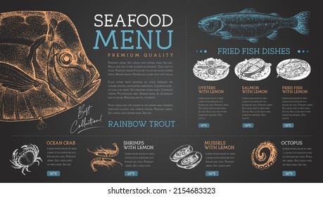 Chalk drawing seafood restaurant menu design with hand drawing fish. Vector illustration