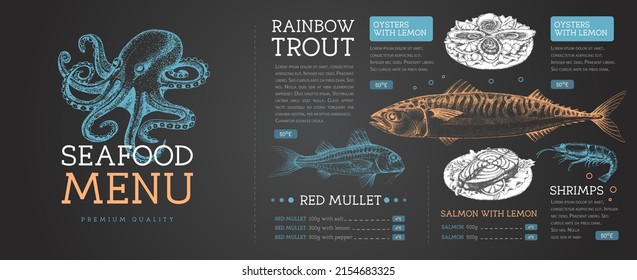 Chalk drawing seafood restaurant menu design with hand drawing fish. Vector illustration