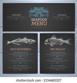 Chalk Zeichnen Meeresfrüchte Restaurant-Design mit handgezeichnetem Fisch. Vektorgrafik