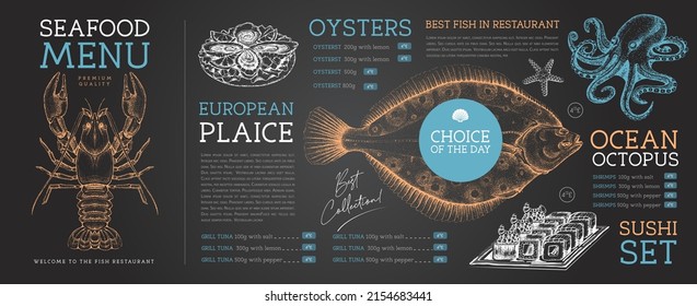 Chalk drawing seafood restaurant menu design with hand drawing fish. Vector illustration