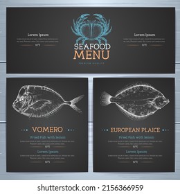 Chalk Zeichnen Meeresfrüchte Restaurant-Design mit handgezeichnetem Fisch. Vektorgrafik