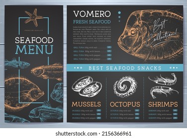 Chalk drawing seafood restaurant menu design with hand drawing fish. Vector illustration