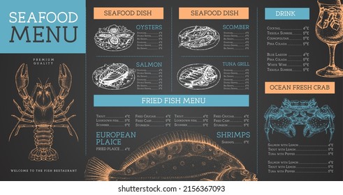 Chalk drawing seafood restaurant menu design with hand drawing fish. Vector illustration