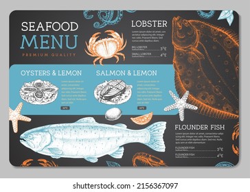 Chalk drawing seafood restaurant menu design with hand drawing fish. Vector illustration