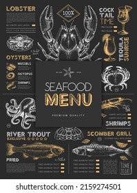 Chalk drawing seafood restaurant menu design with hand drawing fish. Vector illustration