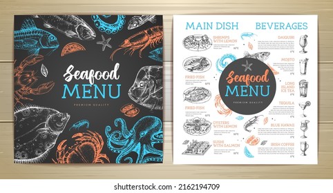 Chalk drawing seafood restaurant menu design with hand drawing fish. Vector illustration