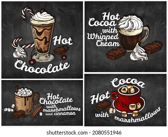 Dibujo de charlas de iconos de chocolate caliente en la pizarra. Dibuja el logotipo dibujado a mano de las bebidas de Navidad, cóctel de cacao caliente con malvavisco, crema batida, canela en pizarra. Ilustración vectorial.