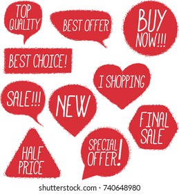 Chalk drawing shopping labels set. Top quality, best choice, sale, new, half price, special offer, i shopping, final sale, buy now vector stickers. Retail advertising templates