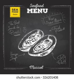 Chalk drawing sketch set of seafood. Mussel illustration
