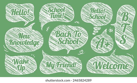 Sprechblase mit Kreide zeichnen, zurück an die Schule. Set von BTS Freehand Cute Dialog Cloud. Memo-Aufkleber. Willkommen Schule beginnen das Semester Chat Box. Ballon, Neu, Wissen, Willkommen, Student