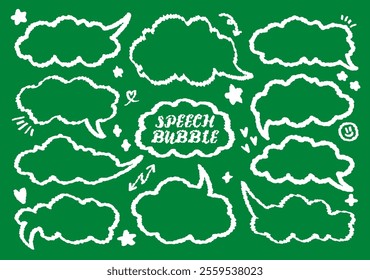 Chalk drawing speech bubble with chalkboard for text. Blank set of BTS freehand cute dialog cloud. Memo sticker. Welcome school begin the semester chat box. Balloon, Welcome, Student, Class, School