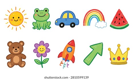 Chalk drawing style doodle set for kids with adorable sun, friendly frog, blue car, colorful rainbow, juicy watermelon slice, cute teddy bear, vibrant flower, playful rocket, green arrow, and royal crown. Perfect for children's designs, educational materials, and playful illustrations.