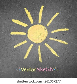 Chalk drawing of sun on asphalt background. Vector illustration.