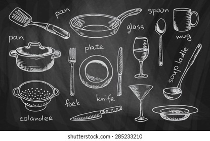 chalk drawing tableware on the chalkboard