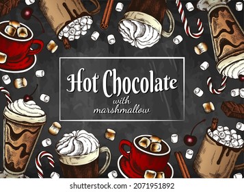 Chalk Drawing Template Of Colorful Hot Chocolate And Marshmallow  Isolated On Blackboard. Sketch Hand Drawn Poster With Cocoa Drink, Whipped Cream, Candy Cane. Christmas Food Menu. Vector Illustration