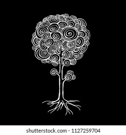 Chalk drawing Tree with Swirl Leaves and Roots isolated on black board. Vector doodle tree.