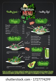 Chalk drawing Vegetarian menu design with vegan meals. Restaurant menu