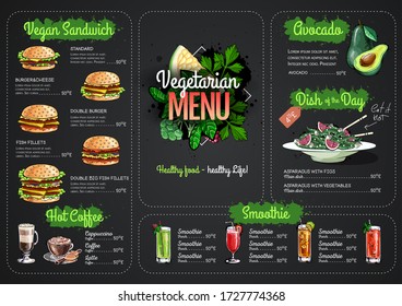 Chalk drawing Vegetarian menu design with vegan meals. Restaurant menu