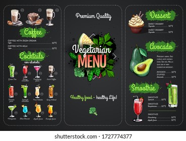 Chalk drawing Vegetarian menu design with vegan meals. Restaurant menu