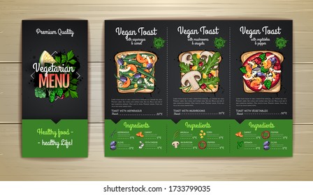 Chalk drawing Vegetarian menu design with vegan toast or sandwiches. Restaurant menu