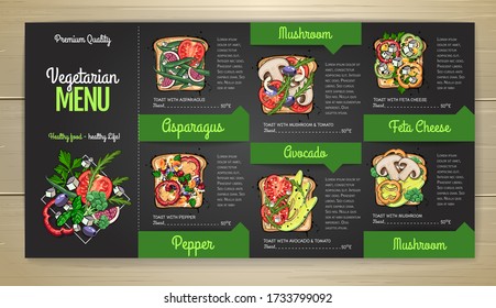 Chalk drawing Vegetarian menu design with vegan toast or sandwiches. Restaurant menu