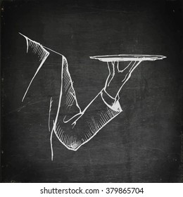 Chalk Drawing Waiter Hand Holding Empty Tray. Chalkboard Menu. Vector Stock Illustration