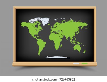 Chalk drawing world map on school blackboard. Geography and ecology lesson. Theme of education