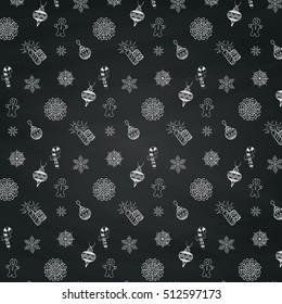 Chalk Drawing Xmas and New Year Doodles, Christmas Seamless Background Pattern on Chalkboard Texture. Hand-Drawn Vector Illustration. Pattern Swatch is available. Christmas Signs, Symbols, Objects