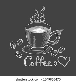 Chalk drawings on grey blackboard, hot coffee cup with handwritten word "Coffee" and the beans