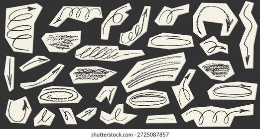 Chalk drawn arrow collection with hand sketched lines. Pencil scribbles and brush marks. Perfect for doodle designs, textured backgrounds, and playful illustrations. Grunge chalk crayon textures