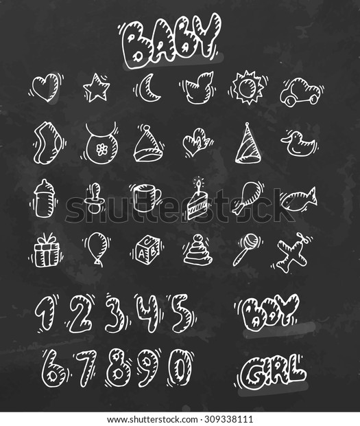 Chalk drawn baby icon set with digits.\
Cartoon style. Vector\
illustration.