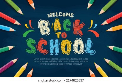 Chalk drawn back to school lettering with colored penicls background. Online courses, learning and tutorials Web page template. Online education concept