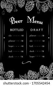 chalk drawn beer bar, pub, restaurant menu template. Vintage engraved beerhouse, brewerry background on black chalkboard. Vector hand drawn illustration. beer label with hops frame. Octoberfest banner