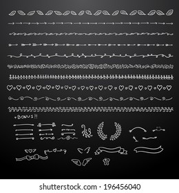 Chalk drawn borders and dividers collection on blackboard . Vector eps10