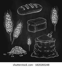 chalk drawn breads, flour bag and wheatears on black chalkboard. vector sketch illustration of square whole grain bread, wheat long loaf, rye spikelets, grains and burlap sack of flour. bakery goods