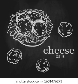 chalk drawn cheese balls with lettuce on plate isolated on black chalkboard. bar or pub snack. sicilian fast food, beer appetizer. arancini fried rice balls, Italian cuisine. breaded mozzarella sketch