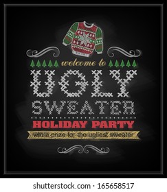 Chalk Drawn Christmas Invitation On Ugly Sweater Holiday Party.