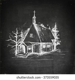 Chalk drawn church on blackboard. Religious education concept.Vector illustration