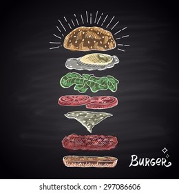  Chalk drawn colored components of burger.