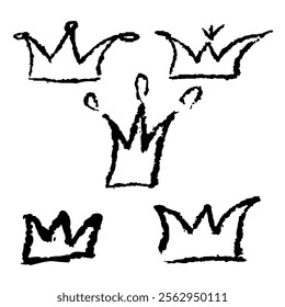 Chalk drawn crowns, king crown sketches, ornament with black charcoal hand drawn heads tiaras, doodle diadems, queen royal diadems vector ornament, crowns drawn with wax pencil