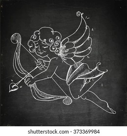 Chalk drawn cupid angel on blackboard. Vector illustration