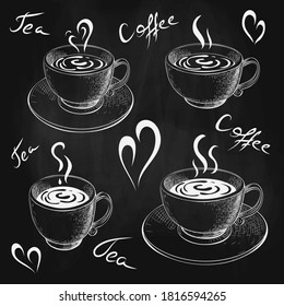 chalk drawn cups of coffee or tea with saucer and lettering isolated on chalkboard. coffee love sketch on black board. vector illustration of coffee, tea mugs. hot drinks doodle. for cafe menu design