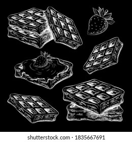 tiza dibujada de bonitos gofres aislados en pizarra negra. bélgica obtendrá un esbozo vectorial en la pizarra. ilustración de pastelería dulce al estilo vintage. colección de postres para etiqueta, menú de panadería, diseño de afiches