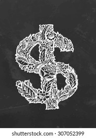 Chalk drawn dollar symbol with flower texture. Vector symbol