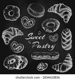 chalk drawn donut croissant eclair, pretzel. variety pastries on black chalkboard. bakery goods vector illustration on blackboard. pastry chalky sketch for cafe, bakery shop menu design. vintage style