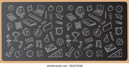 Chalk drawn education icons vector on chalkboard 