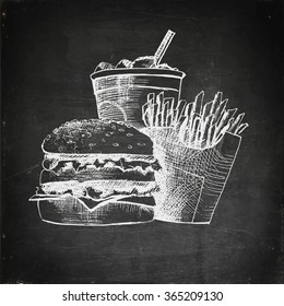 Chalk Drawn Fast Food Menu On Black Board. Hamburger, French Fries And Soda With Ice Cubes. Fast Food Icon. Fast Food Drawn. Fast Food Concept. Fast Food Menu. Vector Illustration.