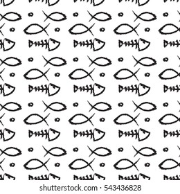 Chalk drawn fish bone. Seamless pattern with fishbones. Vector illustration.
