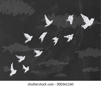 Chalk drawn a flock of pigeons. Vector illustration.