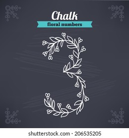 Chalk drawn floral numbers. The number 3. Perfect for greeting cards and wedding invitation.